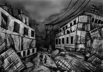 Destroyed buildings, sketch - digital painting 