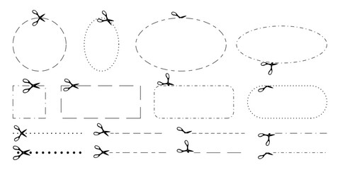 Templates scissors cut along dotted and dashed lines different shapes and directions for product packaging, advertising design. Cut out coupon different shape with scissors. Flat vector illustration