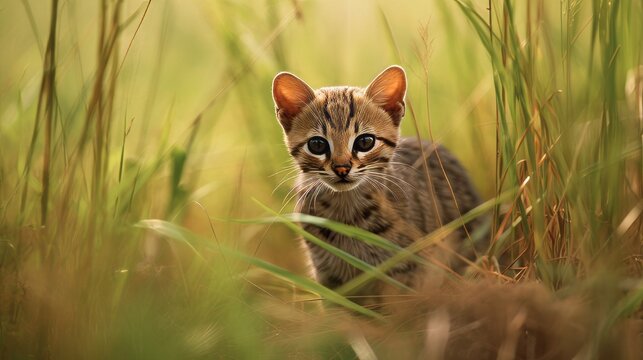 Rusty-Spotted Cat Prowling in Indian Grasslands
