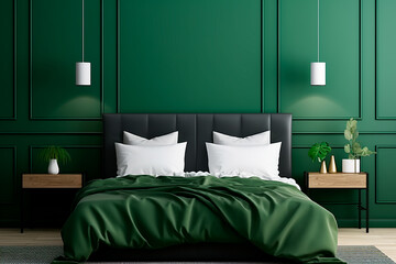 Modern bedroom with a bed featuring green bedding, a white wall with black wainscoting, and a stylish poster