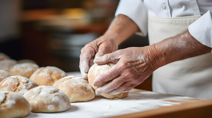 
Baker Preparing Dough Balls on a Wooden Counter.