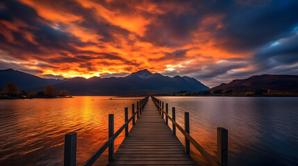 Obraz premium Fiery Sunset Over Mountain Lake with Wooden Pier