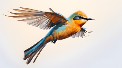 Fototapeta premium Vibrant Bird in Mid-Flight with Striking Feathers and Intense Gaze.