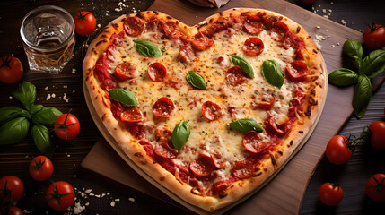 Heart-shaped Pepperoni Pizza with Fresh Basil and Tomatoes.