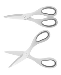 Pair of open kitchen scissors, isolated on a white background Close up view of kitchen scissors. Realistic 3d vector illustration. Mock up