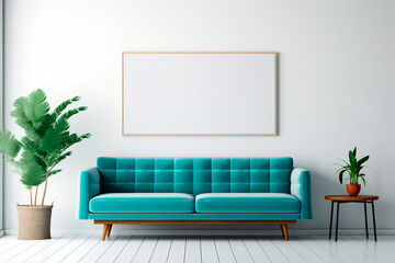 Mid-century modern living room with teal sofa and a large mock-up canvas poster on a white wall.