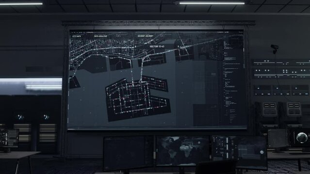 High tech map analysis computer system user interface. High tech detection software interface examining the night city map. High tech program interface tracking the target on a map.