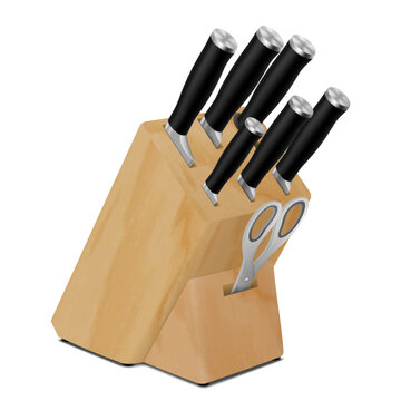 Knifes and kitchen scissors in a wooden stand. Hardened steel: chef knife, versatile and for slicing fruits and vegetables. For restaurants, cafes and home cooking. realistic 3d vector illustration.