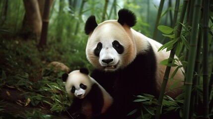 Giant Panda Mother and Cub in Bamboo Forests of Sichuan, China