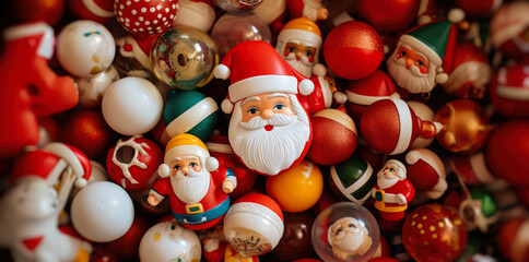 vintage retro pile of  christmas plastic toys for kids background.