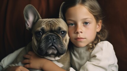 Gentle French Bulldog Cuddled with Young Child