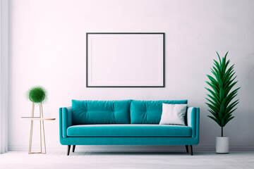 Mid-century modern living room with teal sofa and a large mock-up canvas poster on a white wall.