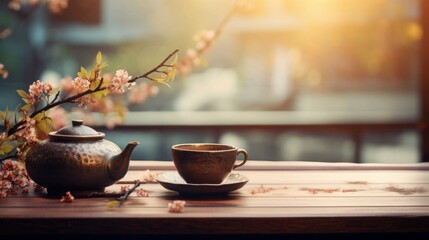 oriental tea and teapot on the table. - obrazy, fototapety, plakaty