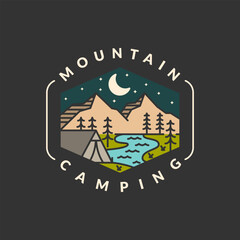 night camp mountain badge vector illustration. mountain and tent monoline or line art style. design can be for T-shirts, sticker, printing needs