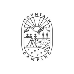 morning camp mountain badge vector illustration. mountain and tent monoline or line art style. design can be for T-shirts, sticker, printing needs