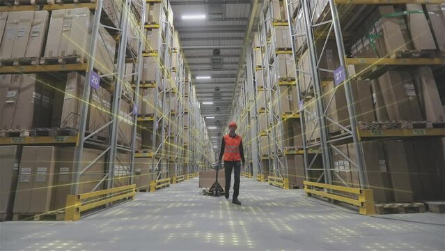 Futuristic concept of a modern warehouse. Visualization of a modern warehouse. Visualization of artificial intelligence.