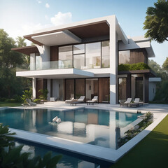 luxury pool villa spectacular contemporary design digital art real estate home house property - obrazy, fototapety, plakaty