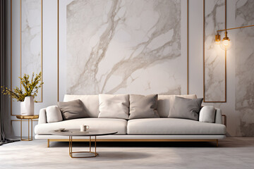Modern living room with interior design featuring an abstract marble stone paneling wall and a white sofa