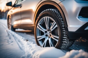 Winter tire. Detail of car tires in winter on the road covered with snow.