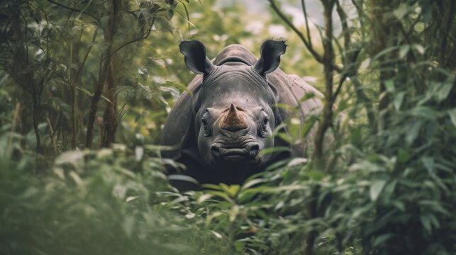 Javan rhinoceros emerging from dense jungle foliage