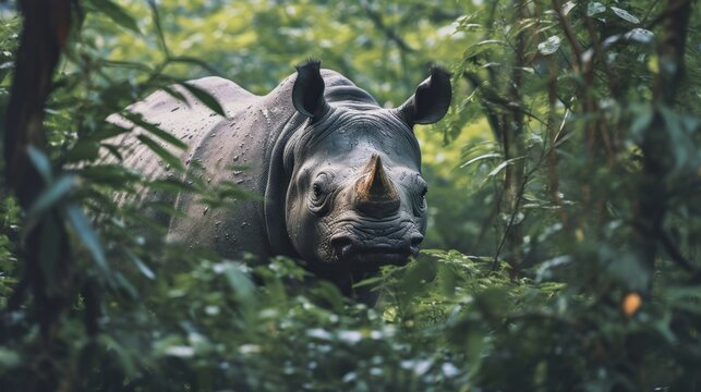 Javan rhinoceros emerging from dense jungle foliage
