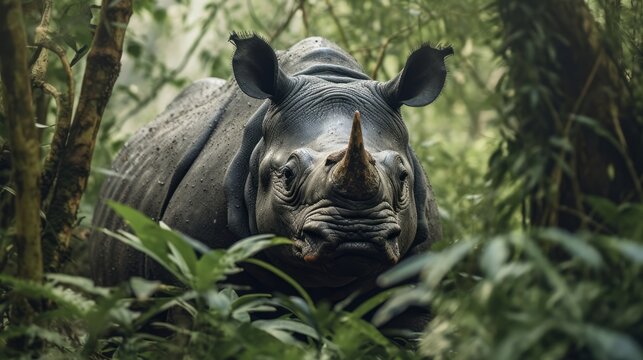 Javan rhinoceros emerging from dense jungle foliage