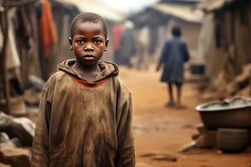 African boy in poor village in Africa. Social issues, hunger, poverty of third world countries.