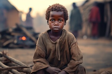 African boy in poor village in Africa. Social issues, hunger, poverty of third world countries. - obrazy, fototapety, plakaty