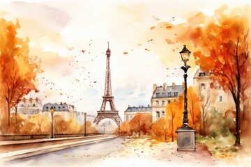 autumn in Paris watercolor illustration