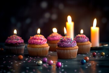 Obraz na płótnie Canvas Dark background with festive birthday cupcakes and candles. Generative AI