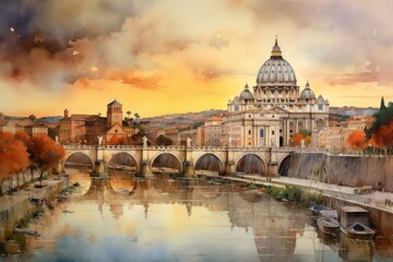 Fototapeta premium Rome postcard view watercolor illustration of cathedral and bridge at sunset