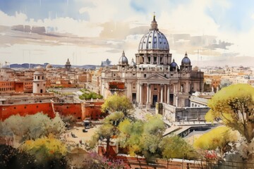 Fototapeta na wymiar Rome aerial postcard view watercolor illustration
