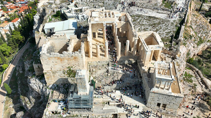 Aerial drone photo of Acropolis propylaea propylea or propylaia entrance gateway as seen on a...