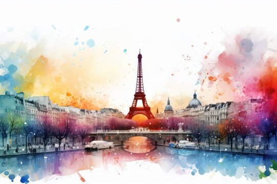 Spring in Paris view with Eiffel Tower and paint splashes. Card, invitation, poster, horizontal banner.