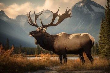 Majestic bull elk in the Canadian Rockies. Generative AI