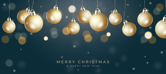 Christmas banner on a dark blue background with golden Christmas decorations in glitter. Vector illustration.