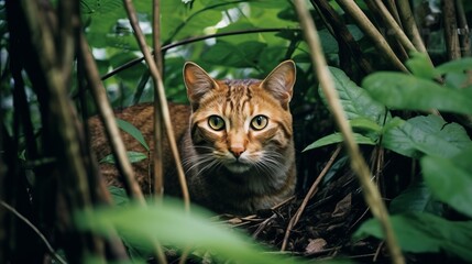 Bornean Bay Cat Stalking Through Jungle Undergrowth