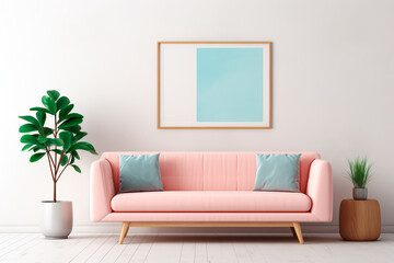 Mid-century modern living room with a pink sofa and a large mock-up canvas poster on a white wall.