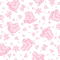 Cute pink skates, hearts and snowflakes seamless vector pattern tile. Winter textile print for baby girl, background and wrapping paper 