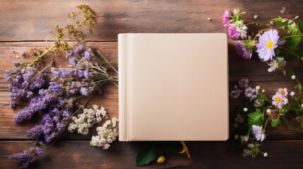 A book sitting on top of a wooden table next to flowers