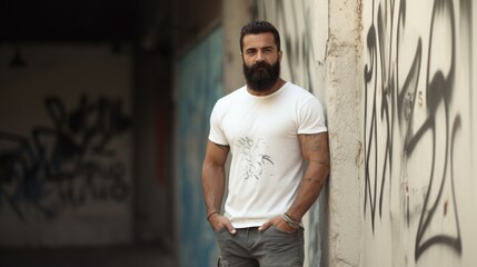 Fototapeta premium A man with a beard leaning against a wall