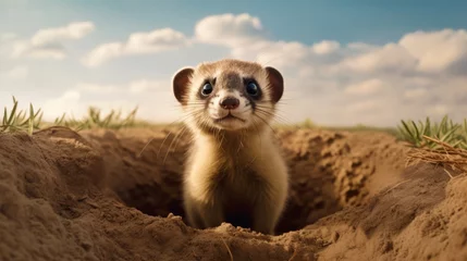 Foto op Canvas Black-Footed Ferret Emerging from Prairie Dog Burrow © Andreas