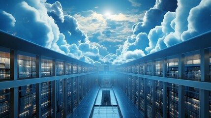a hyper-realistic scene showcasing the artistry of Cloud Computing, where vast data centers and...