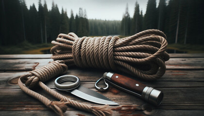 Une corde de survie robuste enroulée soigneusement sur une surface en bois rustique, avec un couteau de survie et une boussole à côté. L'arrière-plan est flou et montre une forêt dense. - obrazy, fototapety, plakaty