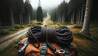 Photo réaliste d'une corde de survie noire et orange accrochée à un sac à dos de randonnée, prête à être utilisée. L'arrière-plan montre un chemin forestier et des arbres.