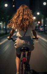 Obraz na płótnie Canvas A woman riding a bike down a street at night