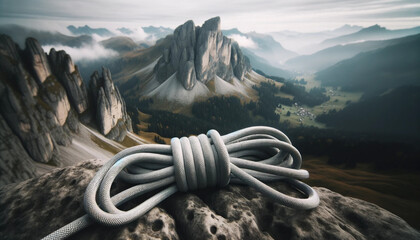 Image d'une corde de survie tressée en nylon, étalée sur une roche avec un paysage montagneux en arrière-plan. Quelques noeuds d'escalade sont visibles le long de la corde. - obrazy, fototapety, plakaty