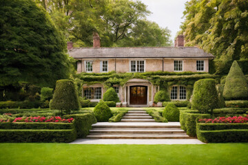 Obraz premium The exterior of an elegant country manor, with stone walls, ivy-covered balconies, and a sweeping staircase leading up to the front door