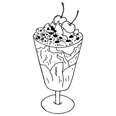 Milk cocktail with a maraschino cherry and straw in tall glass hand drawn outline doodle icon. Glass of milkshake with whipped cream vector sketch illustration for print, web, mobile and infographics.