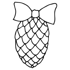 Christmas tree cone vector linear icon for Christmas. Pine cone with a ribbon isolated on white background